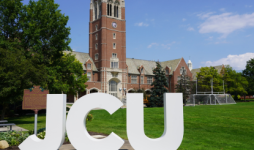 jcu campus clock tower and letters